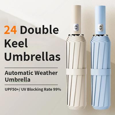 Paraguas Grande Plegable 3 Pliegues Resistente al Viento Anti-UV Totalmente Automático con 24 Varillas para Viaje Lluvia Hombres Mujeres Paraguasft