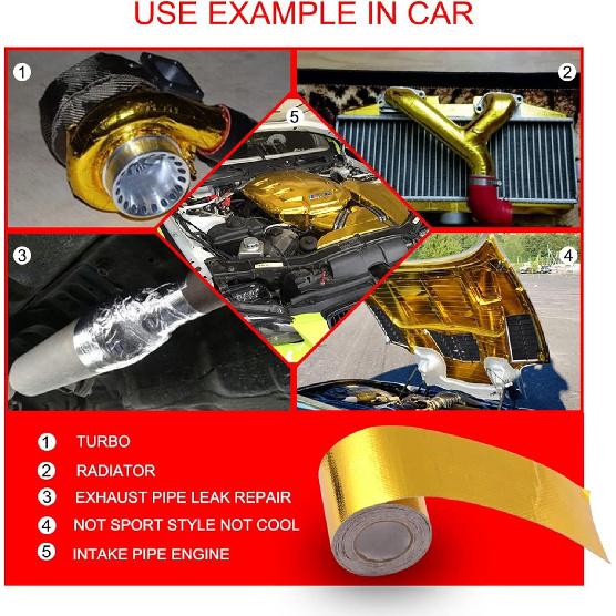 Sporacingrts 2" X 29.5 Feet (9M) Gold Adhesive Heat Shield ReflectiveTape Wrap Roll Compatible With Car Intake Pipe, Engine Bay Etc.