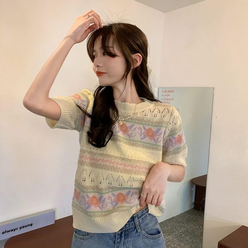 

Women s Thin Knitted Sweater Hollow Out Flower Pattern Short Sleeved Ladies Sweaters Summer Casual Fashionable Famale Top One Size абрикосовий