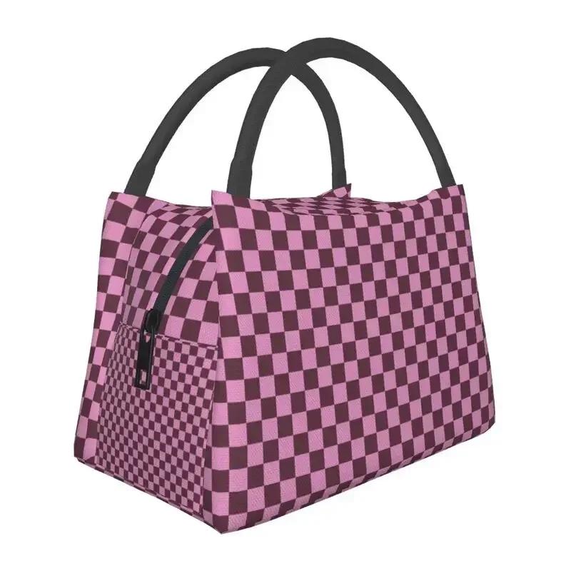 Cute Checkerboard Cat Pattern Thermal Insulated Lunch Bags Women Checkered Lunch Tote for Outdoor Picnic Storage Meal Food Box