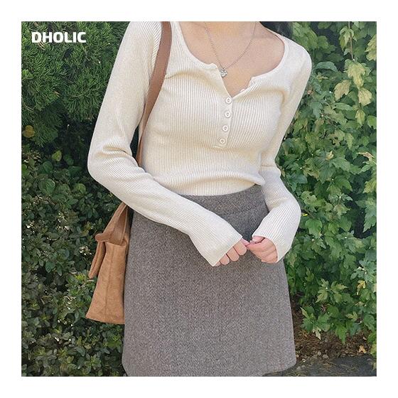 kn Korean Fashion Tops Long Sleeve Knit Sweater Henley Neck Cropped Lube Button Stretchy Casual Girly Daily Mix and Match Going Out Student Adult