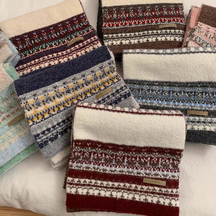 New Fair Island Wind Jacquard Knitted Scarf Women's Autumn and Winter Versatile Thickened Warm and Cold Neck Protection Wool Scarf