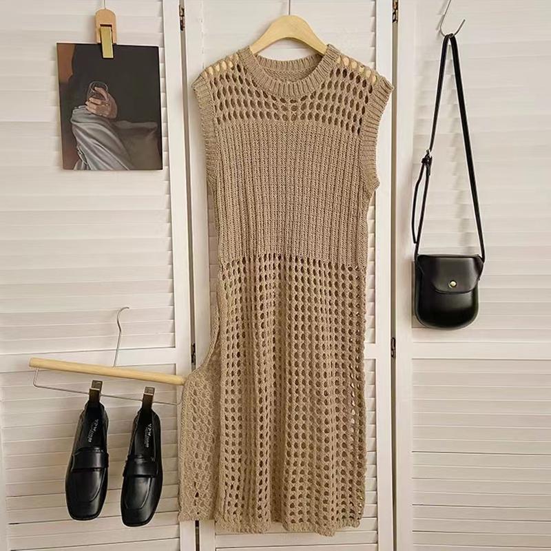 Summer Sleeveless O Neck Hollow Out Knitted Mesh Short Dress Women Fashion Loose Casual Holiday High Split Sexy Party Dresses Solid Thin Covers Up