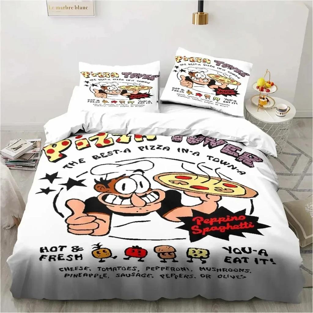 Edredón Torre de Pizza Estilo Pixel Clásico Juego Juego de Ropa de Cama Dormitorio Suave Moderno S Cómodo
