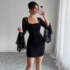 Autumn Bell Sleeve Slit Solid Color Lace Patchwork Square Neck Bodycon Dress Mature Style French Retro Patchwork Slim Sexy Elegant Women Maxi Dress