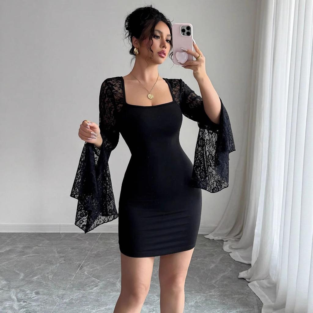 Autumn Bell Sleeve Slit Solid Color Lace Patchwork Square Neck Bodycon Dress Mature Style French Retro Patchwork Slim Sexy Elegant Women Maxi Dress