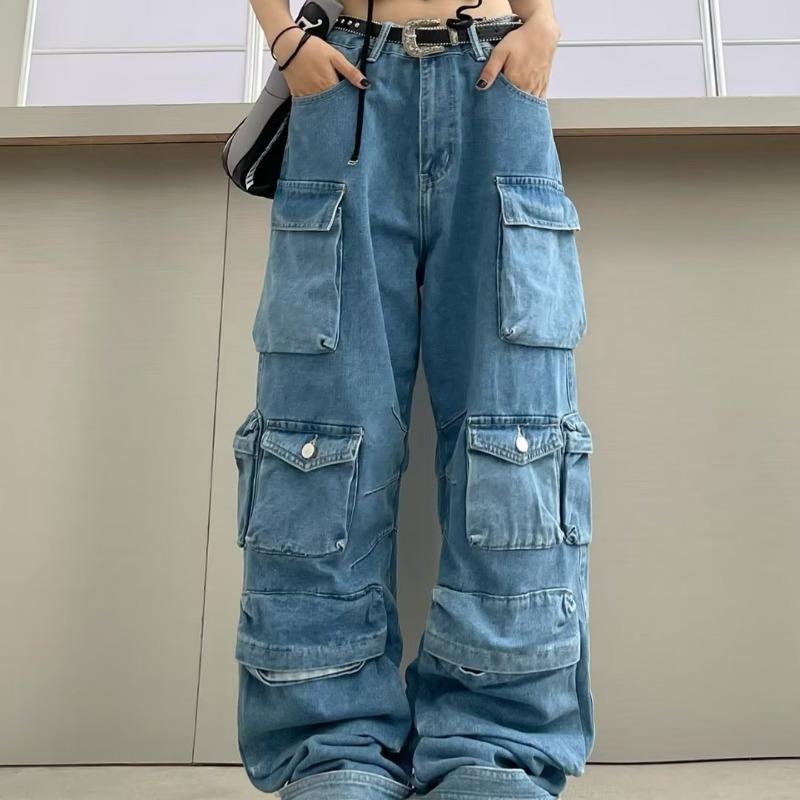 Spring and Autumn Hip-hop Multi-pocket Functional Workwear Jeans Loose Casual Pants Trousers Same Style for Men and Women