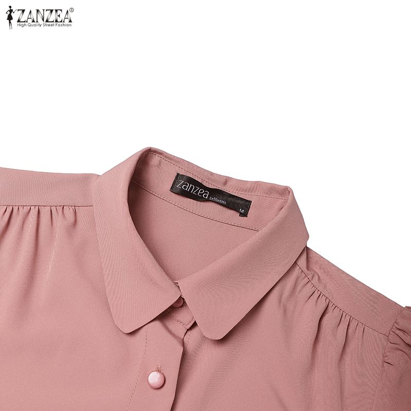 ZANZEA Women Casual Turn Down Collar Loose Long Sleeve Pleated Dress