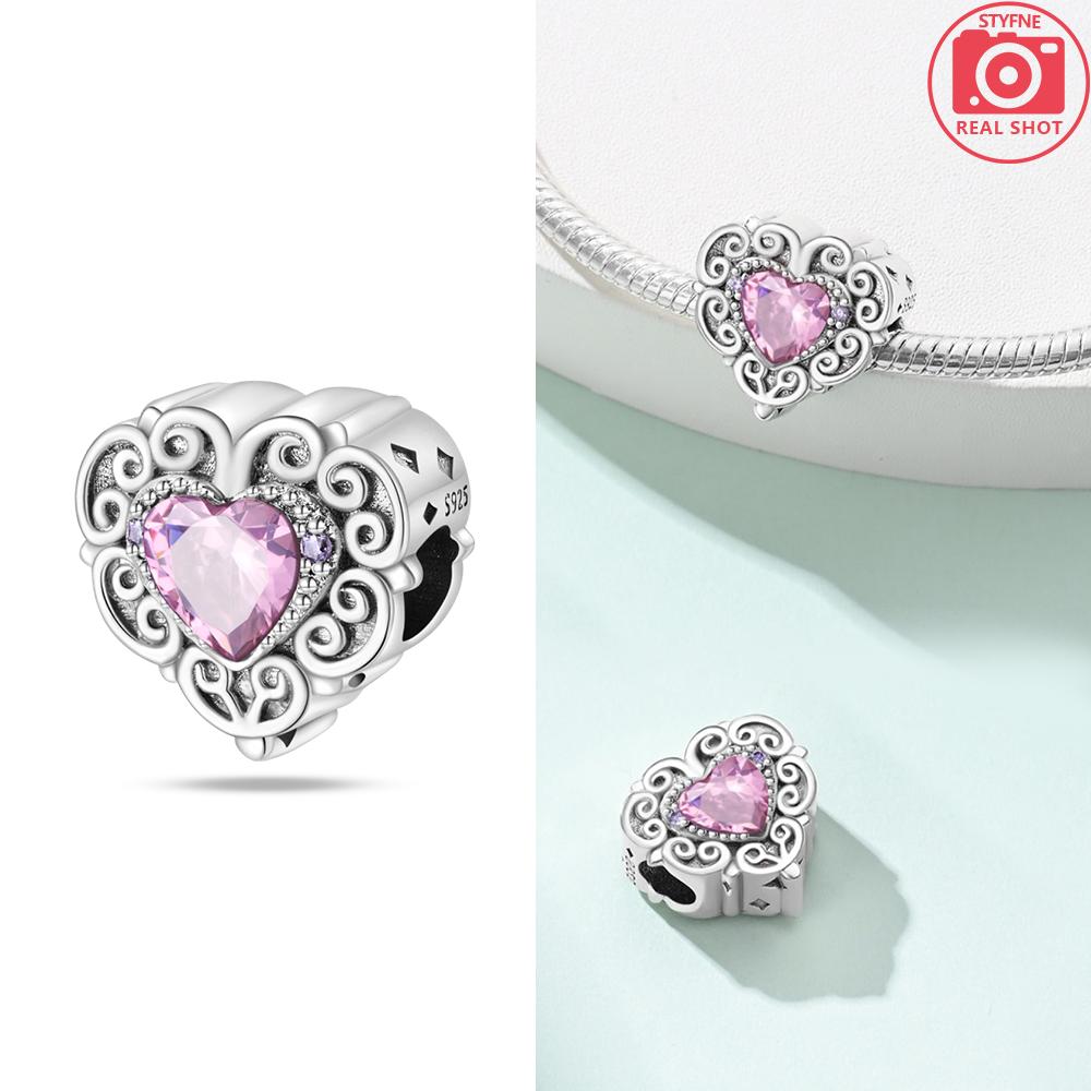 Rose Gold Pink Zircon Love Heart Beads Fit Bracelet Charms Copper Original Jewelry Women Diy Accessories