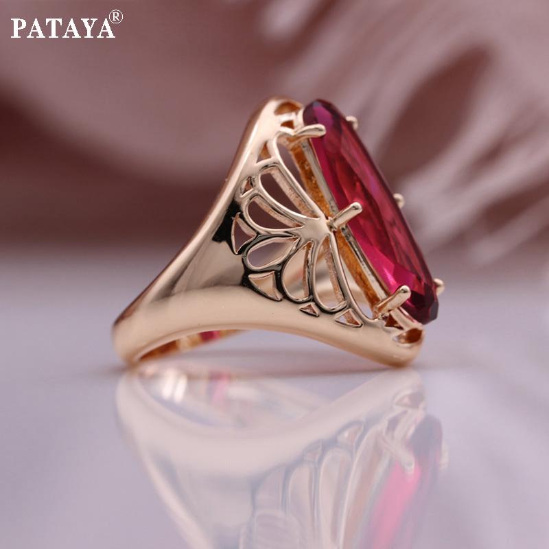 PATAYA Inlay Tourmaline Color Artificial Zircon Rings Rose Gold Color Retro Style Classic Rings