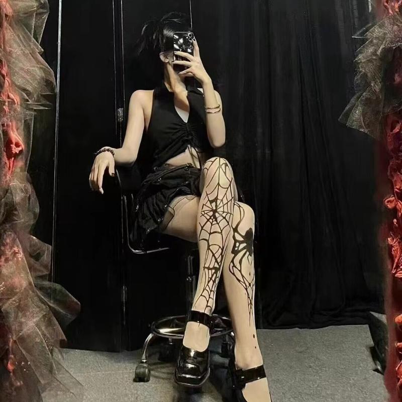 

Готические шелковые чулки с узором «Большой паук», готические винтажные темные сетчатые колготки, женские альтернативные сексуальные колготки-ведьмы с паутиной One Size