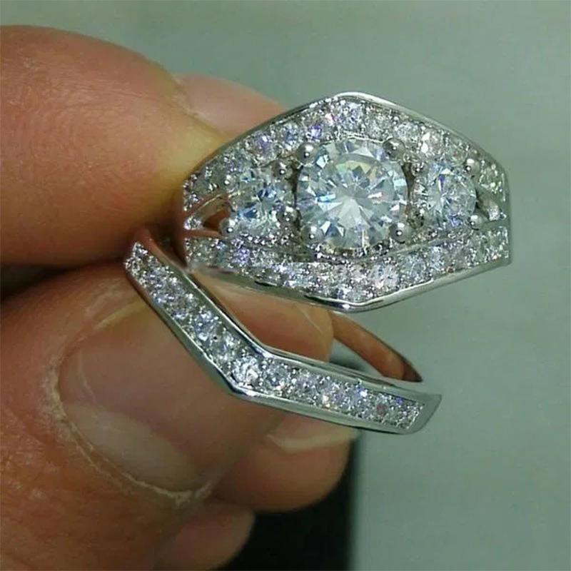 2Pcs Fashion, Inlaid with Synthetic Zircon, Fashionable Round Two-piece Set, Simple Ring Creative Fashion Ring