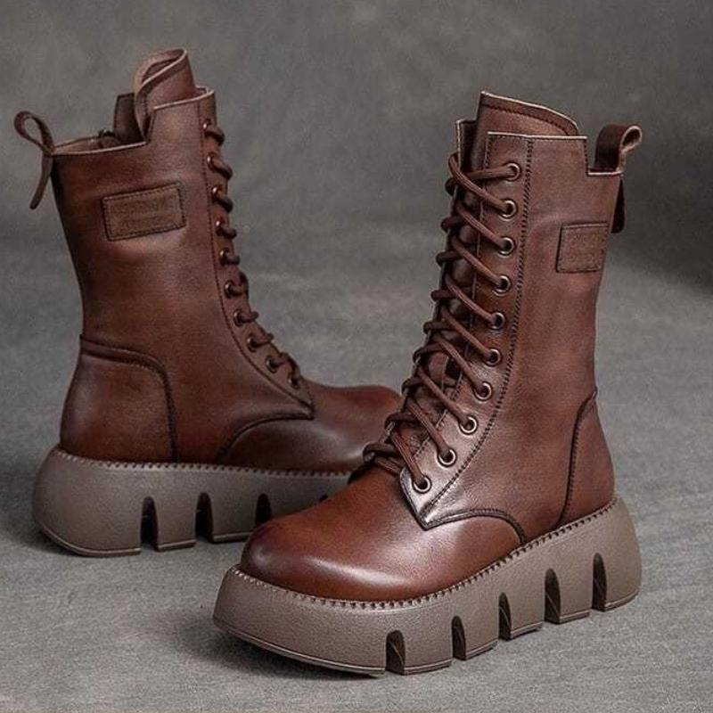 Fashion Winter Leather Women Boots Round Toe Mid-heel Ankle Boots for Women Lace Up Warm Snow Boots Retro Lady Platform Bikerboots Women