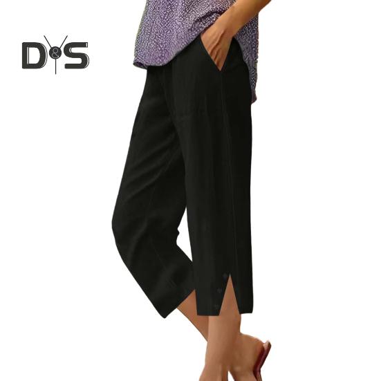 Women Cropped Pants Elastic Waist Wide Leg Beach Pants with Pockets Solid Color Casual Loose Fit Pants
