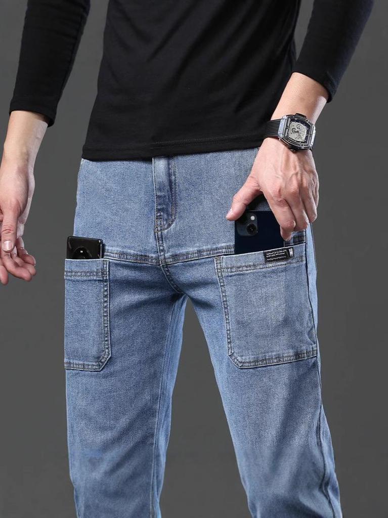 Men's Korean Style Slim Fit Stretch Jeans with Multi-Pockets - Stylish, Versatile Straight Leg Design