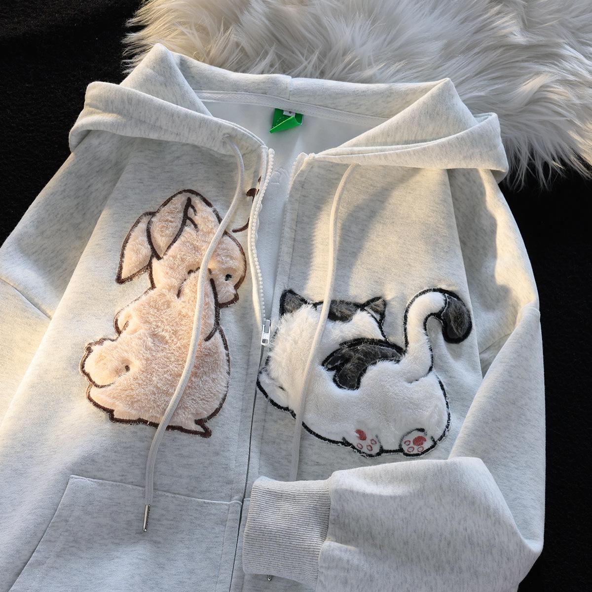 

Американская винтажная мультяшная вышитая толстовка с капюшоном и короткими рукавами - Свободный крой для весны и осени Large серый