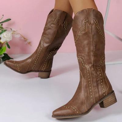 Cizme Cowboy Retro cu Nituri până la Mijlocul Gambei pentru Femei 2025 Toamnă Tocuri Groase Cizme Western Femeie Slip on Vârf Ascuțit Cowgirl Boras
