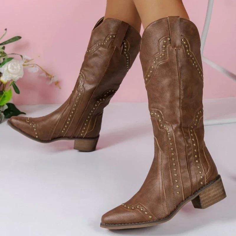 Retro Rivet Mid Calf Cowboy Boots for Women  Autumn  Chunky Heels Western Boots Woman Slip On Pointed Toe Cowgirl Boras