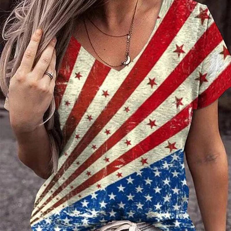 Summer V-neck 3D American Flag Printed Top Fashionable Casual Short Sleeved Women's T-shirts