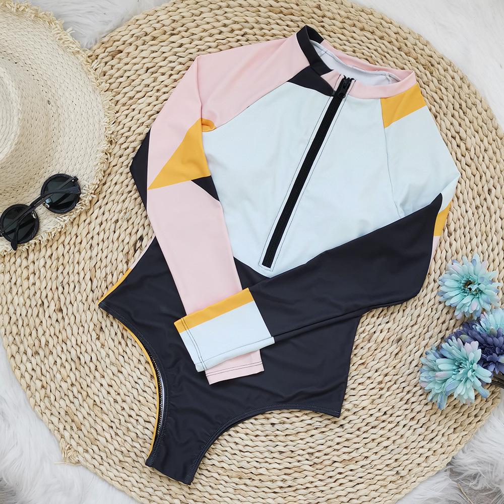 2026 Colorblock Long Sleeve High Waist High Cut Surfing Swimsuit Large