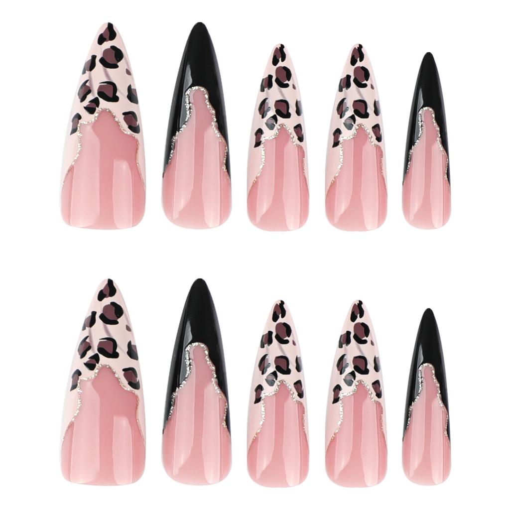 24Pcs Leopards Print Press On Nails Long False Nails French Tip Glossy Artificial Nails Full Covers Stick On Nails