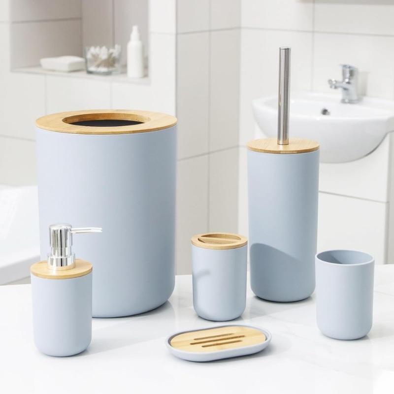 6pcs Bathroom Accessories Bathroom Trash Can Toilet Brush Set Toothbrush Cup Lotion Bottle Soap Box with Pump