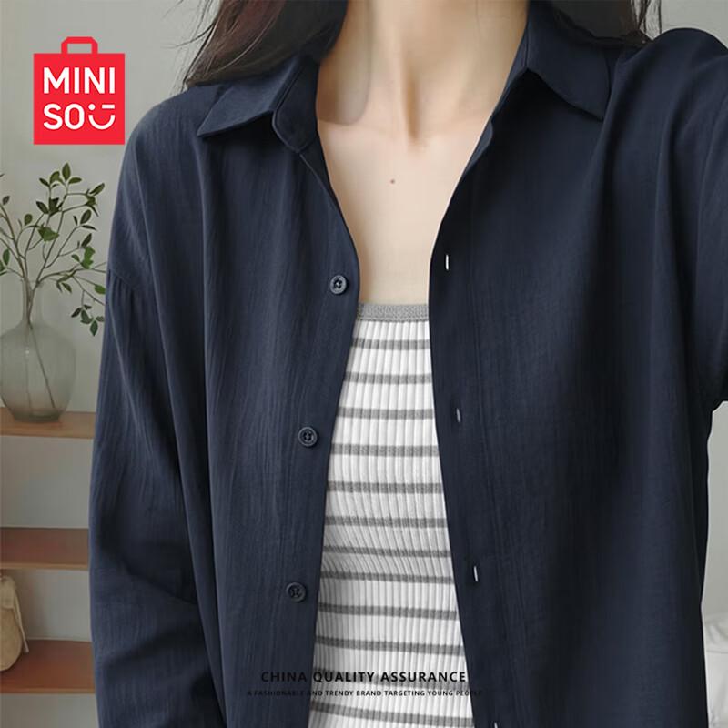 MINISO Women s Summer Linen Blend Long Sleeve Blouse L полуночно-синий