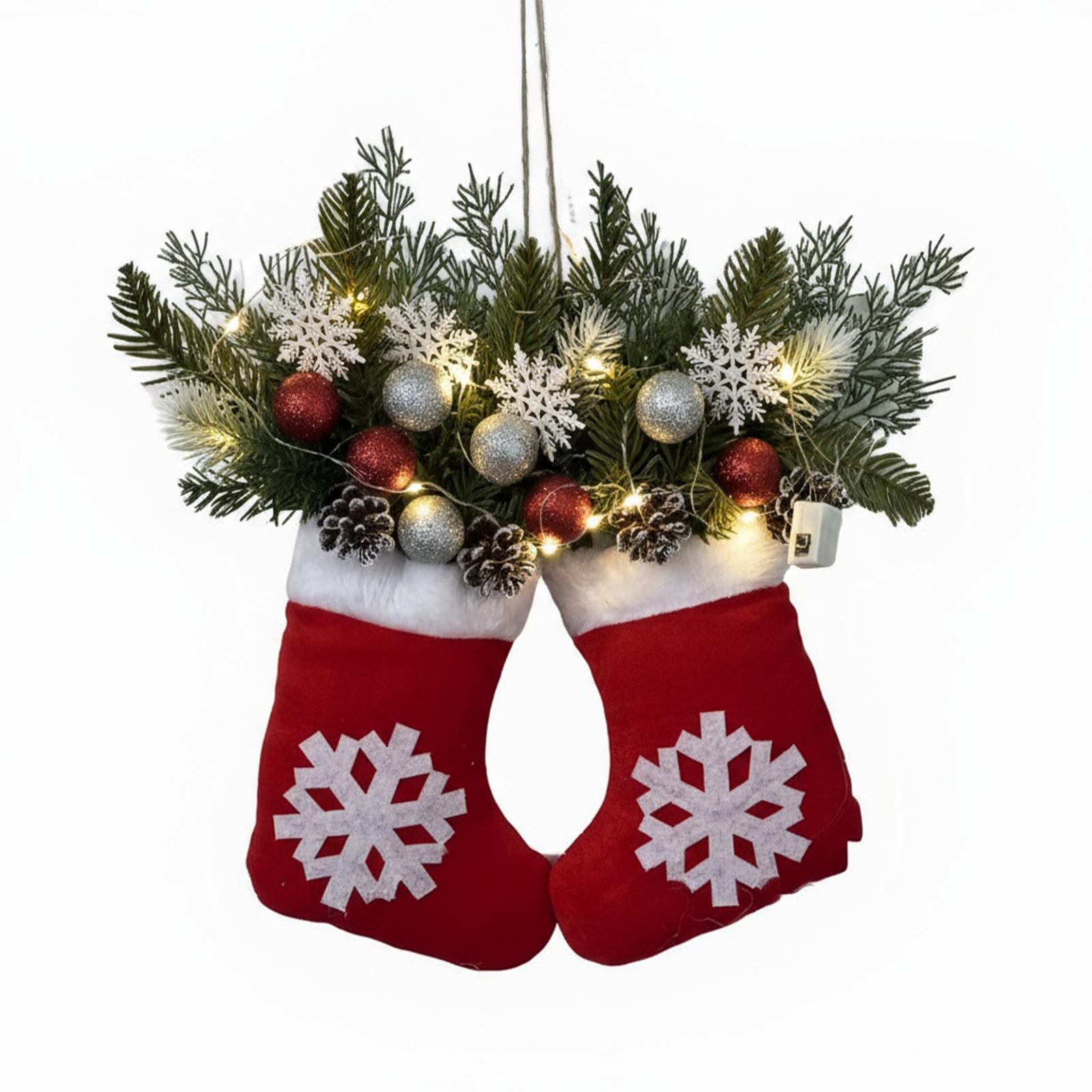 

LED Christmas Wreath with Socks Red Berries Pine Cones for Front Door Indoor Holiday Decorations Window Porch Party Supplies