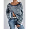 Versatile Knitted Top One-Row Neck Lace-Up Style Sweater Loose Fit Striped Lantern Sleeve Tops