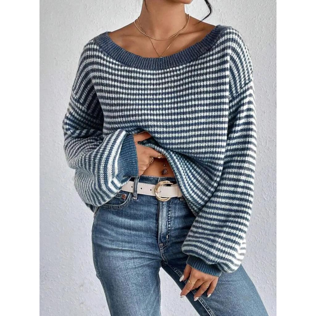 Versatile Knitted Top One-Row Neck Lace-Up Style Sweater Loose Fit Striped Lantern Sleeve Tops