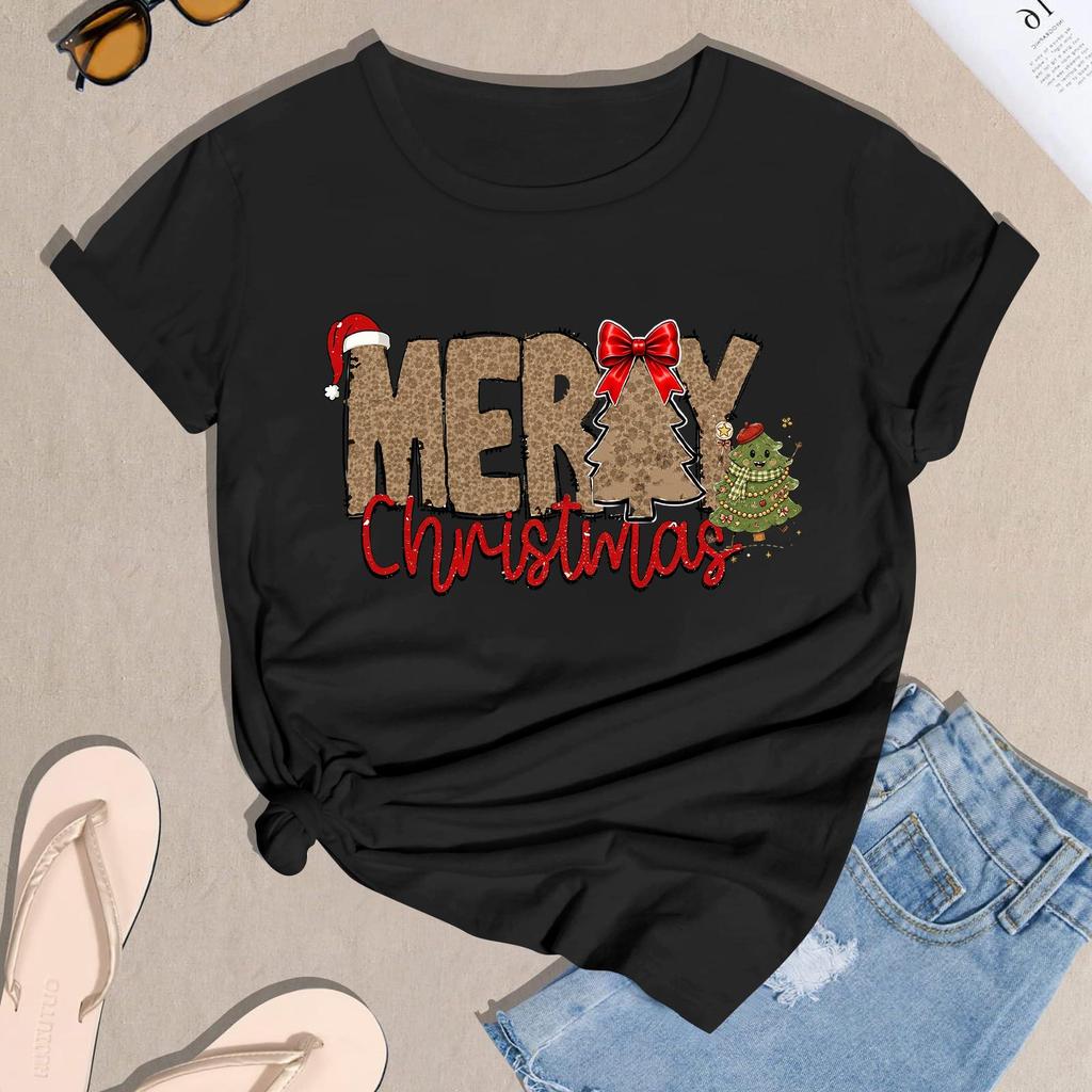 Damen Casual Weihnachten Bedrucktes Kurzarm-T-Shirt mit festlichem Feiertagsdesign