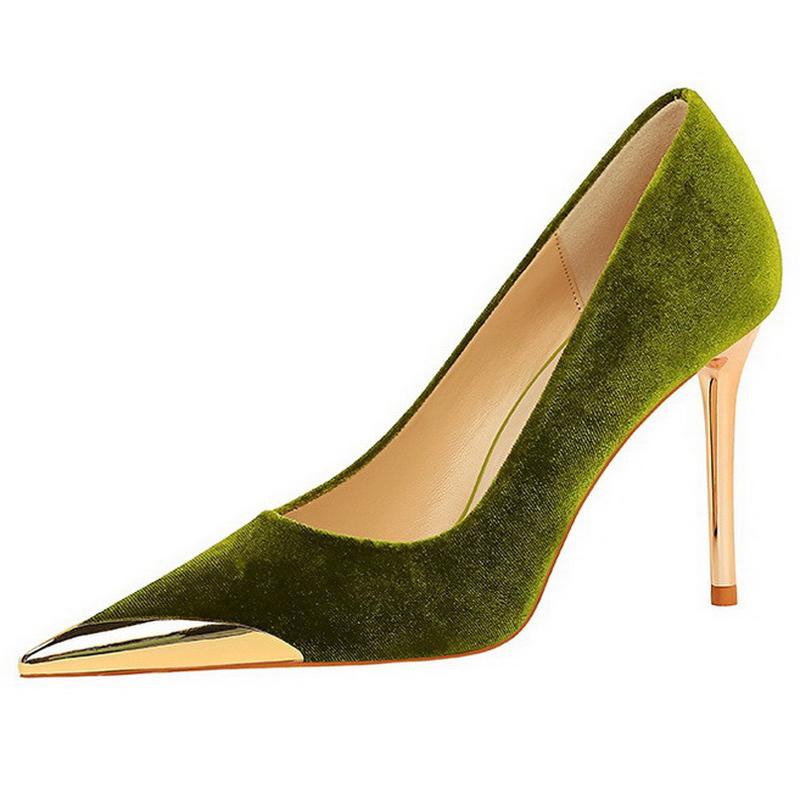 

10cm Heels Women Pumps Metal Pointed Toe High Thin Heel Shoes Office Nightclub Party Wedding Banquet Model Host Stiletto Shoes 40 зелений
