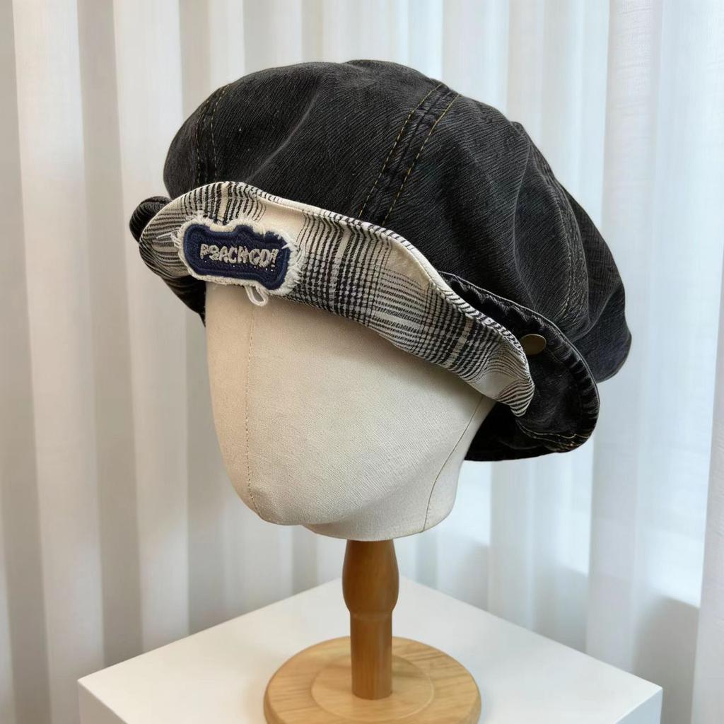 New Denim Cloud Beret Female Cute Big Head Circumference Newsboy Hat Showing Face Small Cloud Octagonal Painter Hat
