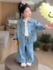 2025 Autumn Girls' Floral Denim Two-Piece Set – Trendy Wide-Leg Pants and Jacket