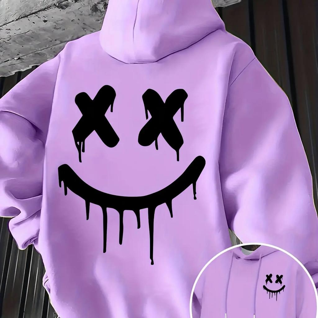 Smiley Face Print Men's and Women's Autumn  Winter Trendy Printed Hooded Fleece Sweatshirt Front and Back Printed Casual Hoodie