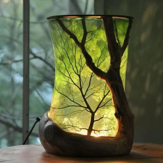Forest Theme Night Light Handmade Resin Warm Light Rustic Nature-Inspired Ambient Bedside Lamp for Bedroom Living Room Decor