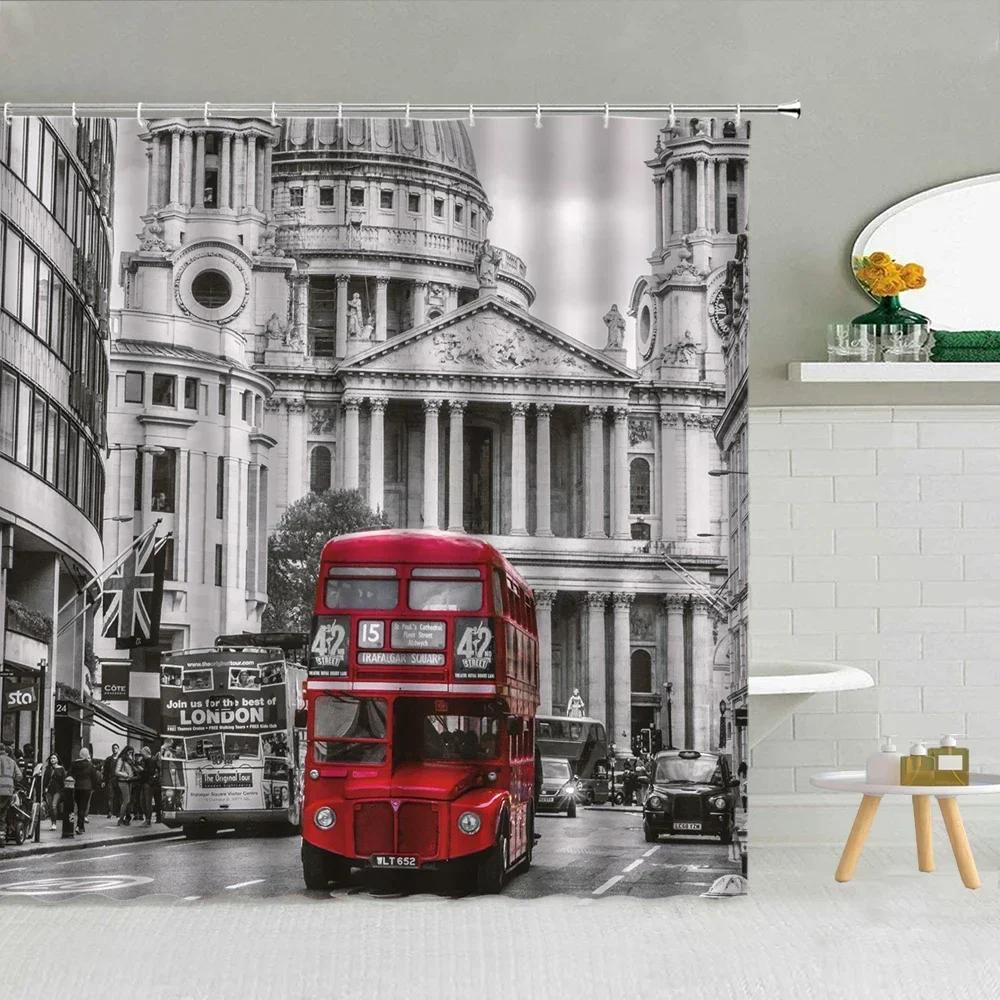 Architektura Londynu Widok Ulicy Zasłony Prysznicowe Zakochani Big Ben Czerwona Budka Telefoniczna Most Wodoodporna Tkanina Dekoracja Łazienki Curta