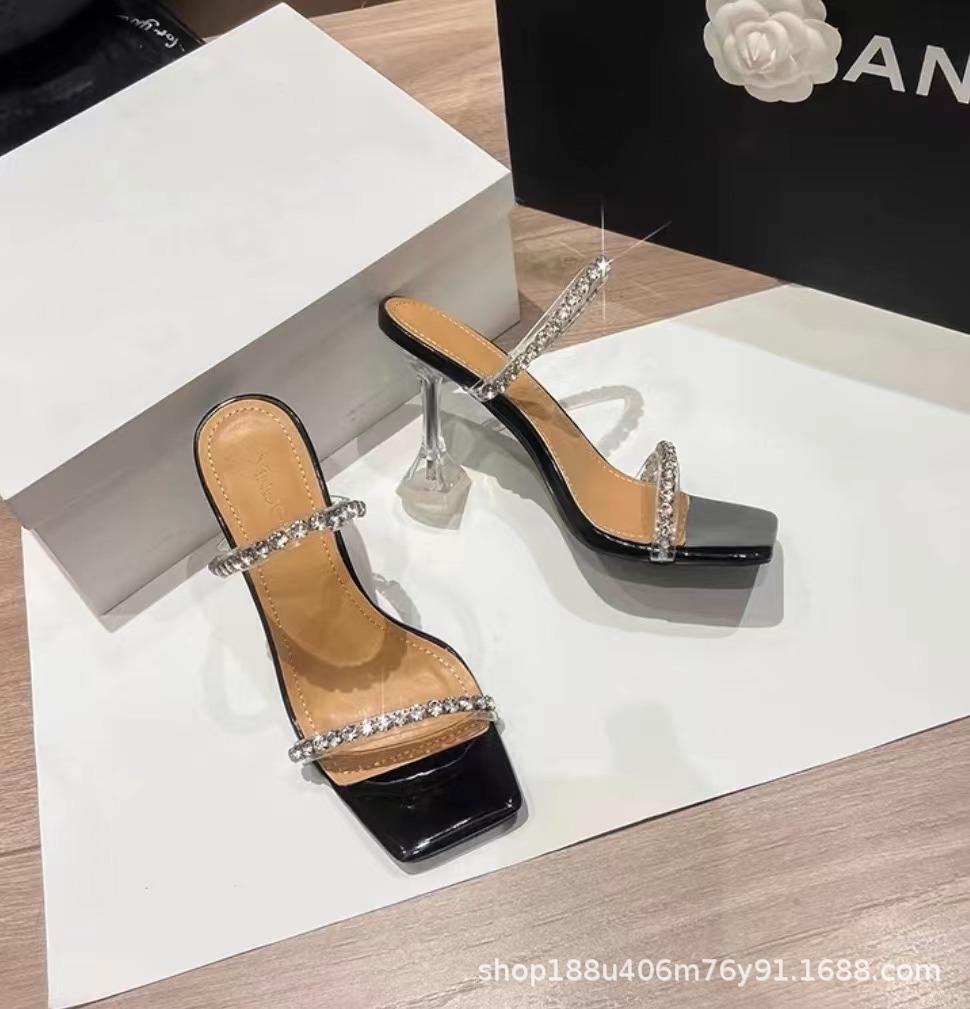 

Прозрачные туфли на высоком каблуке женские лето 2025 новая мода интернет-знаменитость шпилька с крутыми шлепанцами носить стразовые сандалии 40