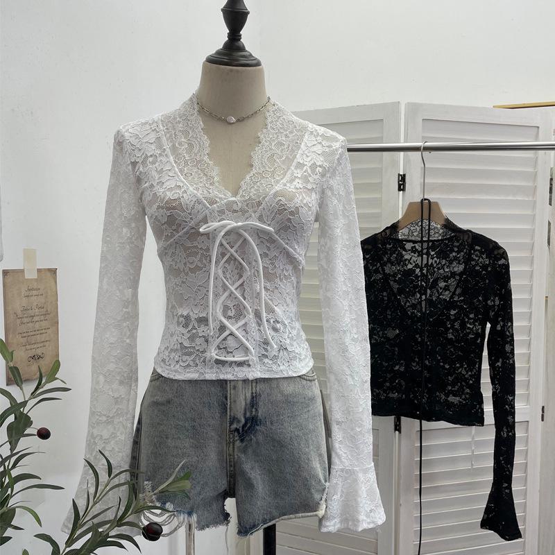 Women's Sexy V-neck Lace Shirt with Lace-up Bowknot and Hollow Long Sleeves