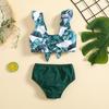 Girls' Green Leaf Print Two-Piece Bikini Set with Sun Protection