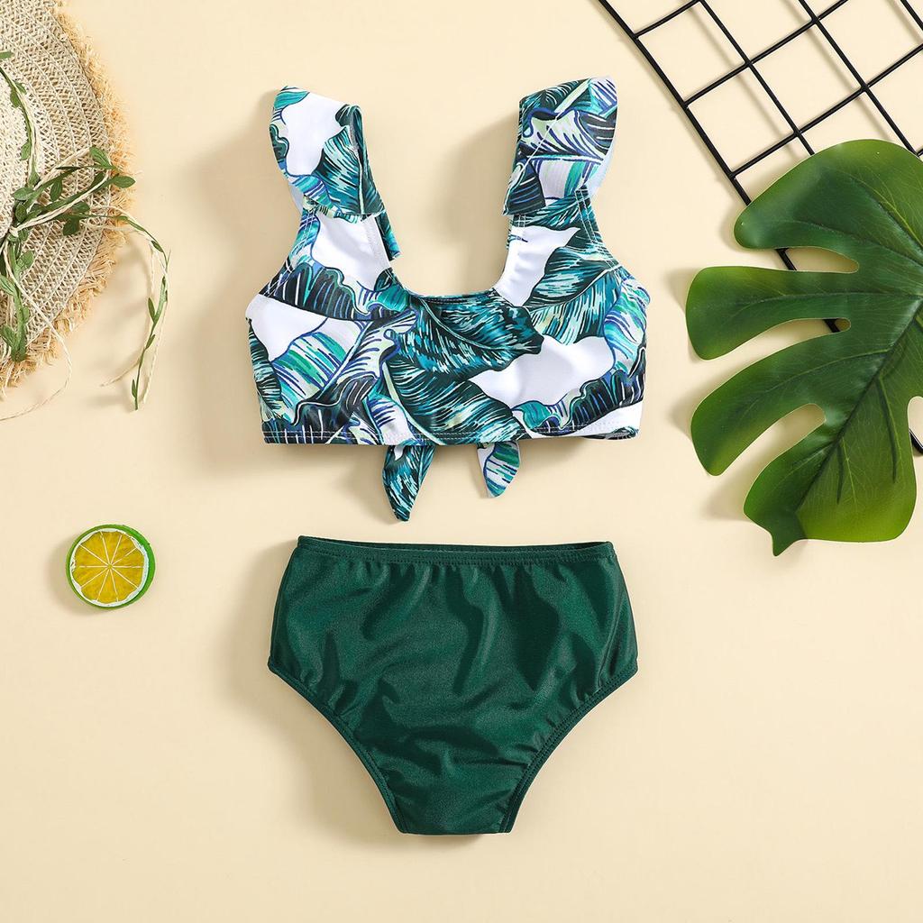 Girls' Green Leaf Print Two-Piece Bikini Set with Sun Protection
