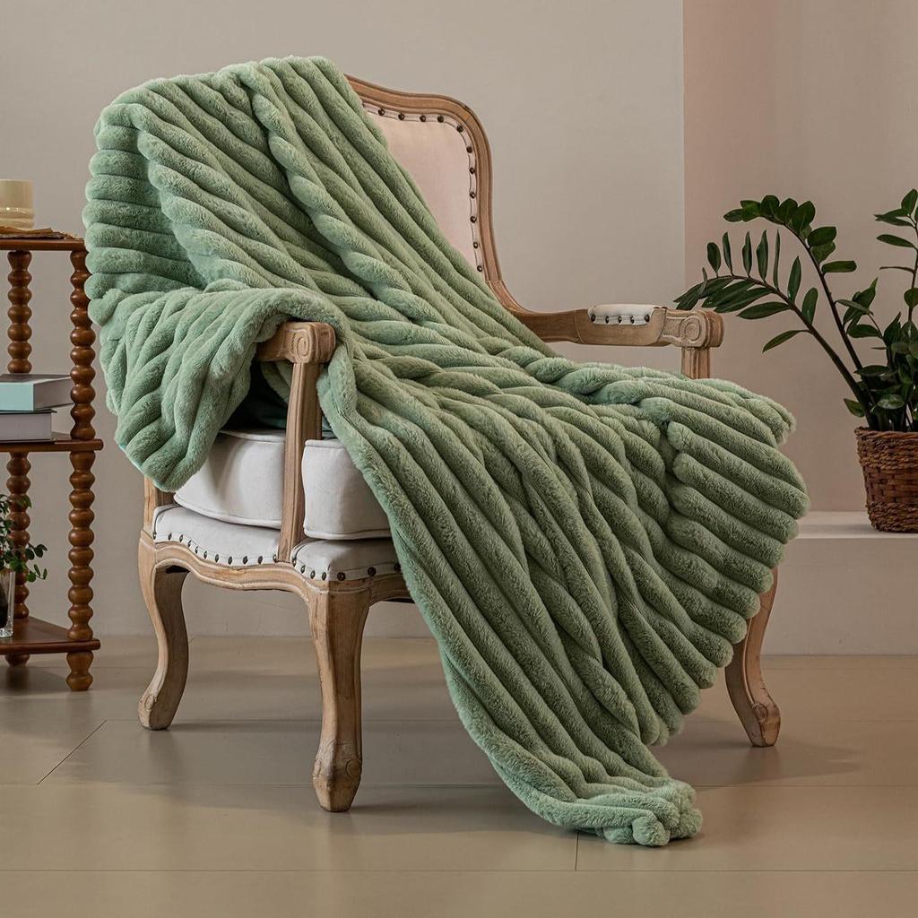 Ultra-Soft Faux Rabbit Fur Striped Throw Blanket - Double-Layered for Warmth, Ideal for Sofa or Bedroom.