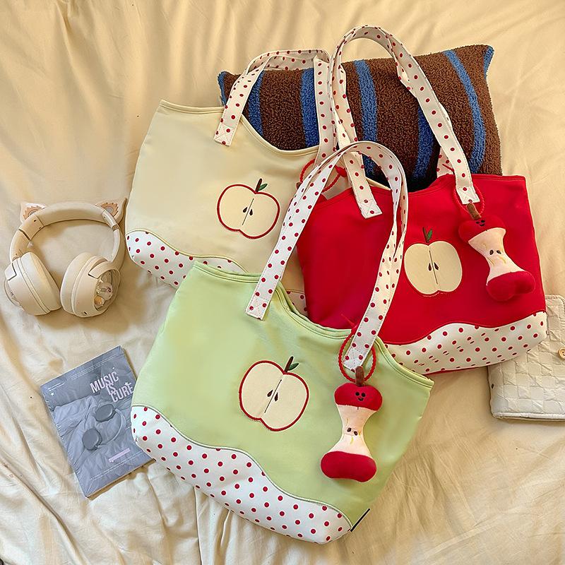 Cute Canvas Bag Women 2025 New Retro Polka Dot Apple Shoulder Bag Casual Large Capacity Portable Tote Bag Tide