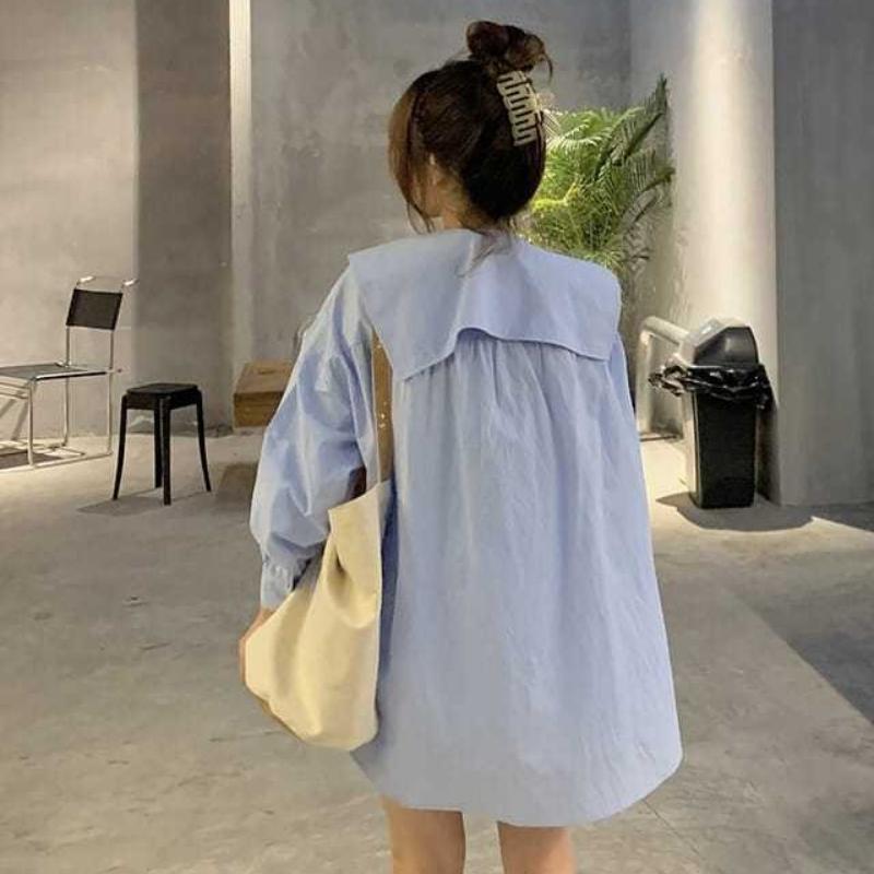 Blaues Damenhemd Peter-Pan-Kragen Krawatte Elastischer Kordelzug Laternenärmel Bluse Koreanischer Stil Frühling Neue Version Lockeres Damenoberteil
