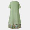 Women Vintage Fake Two Piece Dress Floral Print Short Sleeve  Long Dress