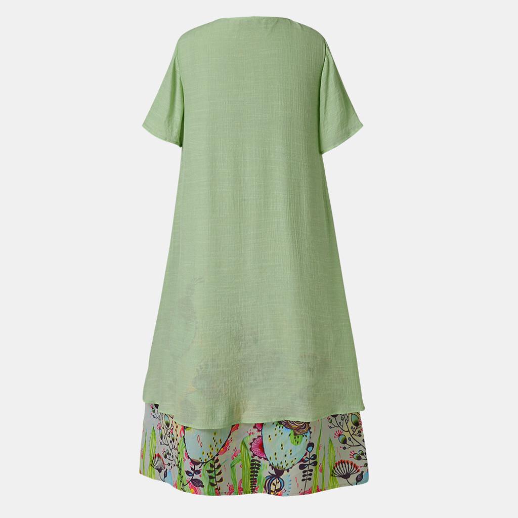 Women Vintage Fake Two Piece Dress Floral Print Short Sleeve  Long Dress