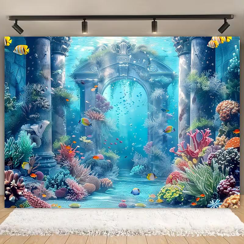 2D Ocean Coral Reef Backdrop, Underwater Temple & Fish Scene for Underwater Themed Party 47.2x31.5inch/120*80cm