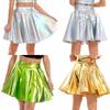 Women Glossy High Waist Flare Skirt Club Stage Costume Party Dancewear Shiny Metallic Ruffle Skirts
