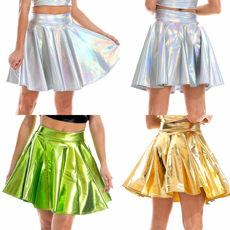 High Waist Flare Skirt Club Stage Costume Party Dancewear Shiny Ruffle Skirts for Women