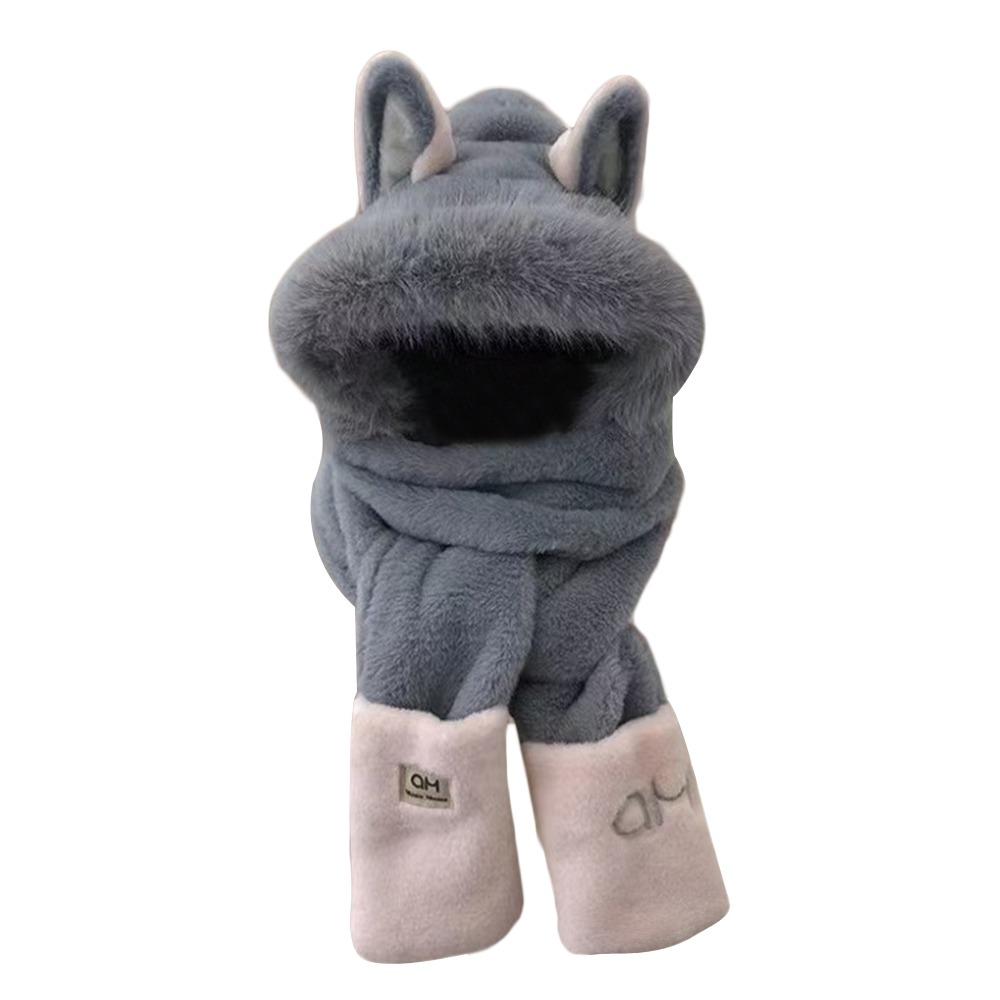 

Шапка с меховыми ушками, шапка-бини с лисьими ушками, шарф, зимняя грелка для шеи, для улицы серый